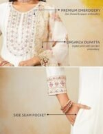 Women’s Premium Art Silk Off-White Embroidered Kurta Set with Matching Straight Pants and Elegant Dupatta – Festive & Party Wearr Ethnic Suit Ensemble - Image 4