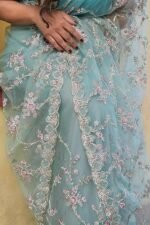 Women Modern Soft Net Embroidery Striped Pattern Floral Elegant Stylish saree with unstitched blouse piece (6164) - Image 4