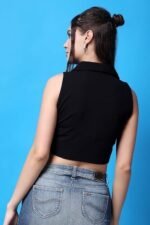 Casual Solid V-Neck Sleeveless Button Closure Waistcoat Regular Fit Crop Top for Women - Stylish Western Summer Wear - Image 3