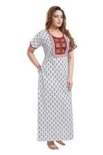 Cotton Nighty for Women | white color Printed Night Gown for Women with Pocket | Maxi Nighty, Comfortable Sleepwear for Daily Use - Image 3