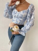 Women's Sweetheart Neck Bishop Sleeve Floral Print Crop Top - Image 3