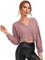Womens Waffle Long Sleeve 2025 Fall Fashion V Neck Basics Crop Tops Slim Fitted T Shirts Going Out Crop top for Women Stylish Western Tops - Image 4