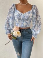 Women's Sweetheart Neck Bishop Sleeve Floral Print Crop Top - Image 4