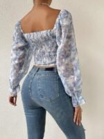 Women's Sweetheart Neck Bishop Sleeve Floral Print Crop Top - Image 5