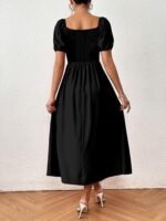 Puff Sleeve Sweetheart Neck Split Thigh A-Line Midi Dress - Image 4
