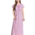 Cotton Nighty for Women | pink Printed Night Gown for Women with Pocket | Maxi Nighty, Comfortable Sleepwear for Daily Use