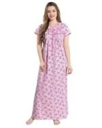 Cotton Nighty for Women | pink Printed Night Gown for Women with Pocket | Maxi Nighty, Comfortable Sleepwear for Daily Use