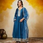 Women's Embroidered & Printed Rayon Kurta & Viscose Pant with blue Dupatta Set