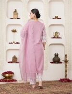 Blend Regular Embroidered Cotton Kurta Pant Set with Organza Dupatta - Image 3