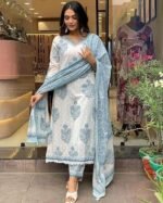 Embroidered Anarkali Kurta Pant Set with Organza Dupatta |