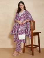 Blend Regular Cotton Rich Printed Kurta Pant Set with Dupatta - Image 4