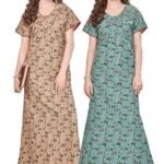 Cotton Nighty for Women | Multi color Printed Night Gown for Women with Pocket | Maxi Nighty, Comfortable Sleepwear for Daily Use ( pack of 2)