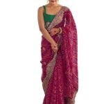 Women's Georgette Bandhani Printed Embroidered gota lace Saree with Unstitched Blouse Piece