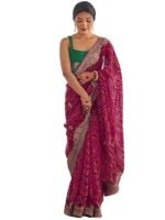 Women's Georgette Bandhani Printed Embroidered gota lace Saree with Unstitched Blouse Piece