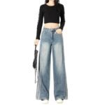 Women's Stylish Light-Colored High-Waisted Wide-Leg Jeans | Fashionable Three-Bar Design