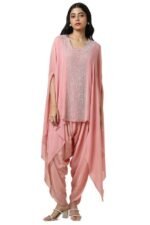Womens Blush Pink Georgette Embellished Kaftan Suit With Cutdana