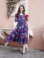 Women's Georgette Floral Printed Indo-Western Ethnic Gown || Half Sleeve V Neck Fit & Flare Flared Hem Design || Casual Wear A-Line Maxi Dress Blue - Image 4