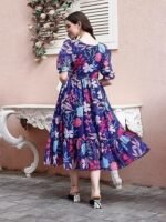 Women's Georgette Floral Printed Indo-Western Ethnic Gown || Half Sleeve V Neck Fit & Flare Flared Hem Design || Casual Wear A-Line Maxi Dress Blue - Image 3