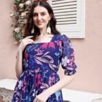 Women's Georgette Floral Printed Indo-Western Ethnic Gown || Half Sleeve V Neck Fit & Flare Flared Hem Design || Casual Wear A-Line Maxi Dress Blue