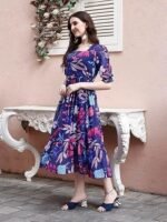 Women's Georgette Floral Printed Indo-Western Ethnic Gown || Half Sleeve V Neck Fit & Flare Flared Hem Design || Casual Wear A-Line Maxi Dress Blue - Image 2