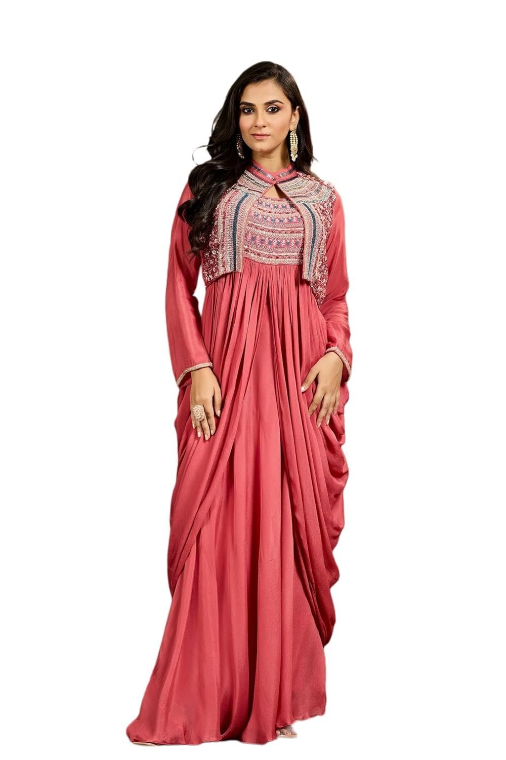 designer-draped-maxi-dress-coral-pink-1.jpg Women's Designer Draped Maxi Dress, Coral Pink - Image 1