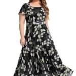 Women's Navy Blue Georgette Digital Floral Printed Floral Printing Short Sleeve A-Line Maxi Gown Dress for Women (Gown Dress 248)