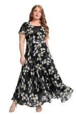 Women's Navy Blue Georgette Digital Floral Printed Floral Printing Short Sleeve A-Line Maxi Gown Dress for Women (Gown Dress 248)