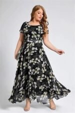 Women's Navy Blue Georgette Digital Floral Printed Floral Printing Short Sleeve A-Line Maxi Gown Dress for Women (Gown Dress 248) - Image 4