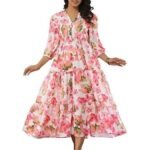 Women?s Floral High-Low Maxi Dress | V-Neck A-Line Fit | 3/4 Sleeve Summer Outfit for Vacation, Brunch, Festive & Beach Wear