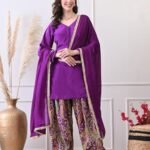 Women's Pure Crepe Red V-Neck Kurta with Vibrant Paisley Print Patiala Salwar & Dupatta Set