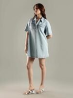 Cotton Spread Collar Denim Dress - Image 4