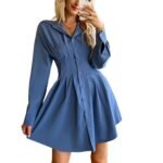 Women Shirt Dress Gathered Waist Long Sleeves Micro Elasticity Skin Friendly for Business XL Blue