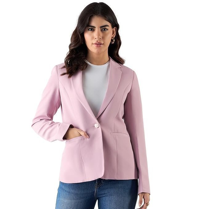 h1-5-1.jpg Women?s Pink Casual Solid Blazer | Single Button | Notched Lapel | Long Sleeves | Slim Fit | Single-Breasted | Smart-Casual Formal Office Wear - Image 1