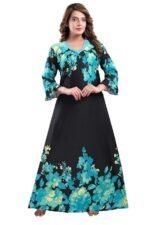 Women's Crepe Printed Flare Nighty with Long Sleeves/Night Gown/Nightwear/Maxi