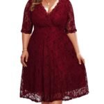 Women's Plus Size Wedding Guest Cocktail Party Semi Formal Lace Wrap V Neck Knee Length Dress