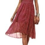 Women's Floral Wrap V-Neck Midi Dress Short Sleeve Boho Summer Beach Long Dress High Low Hem Smocked Dress Women, Red, Small
