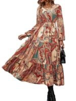 Women's Printed Boho Maxi Dress | Long Flared Style with Full or Puff Sleeves | Ethnic Pattern Gown for Festive, Holiday & Everyday Wear