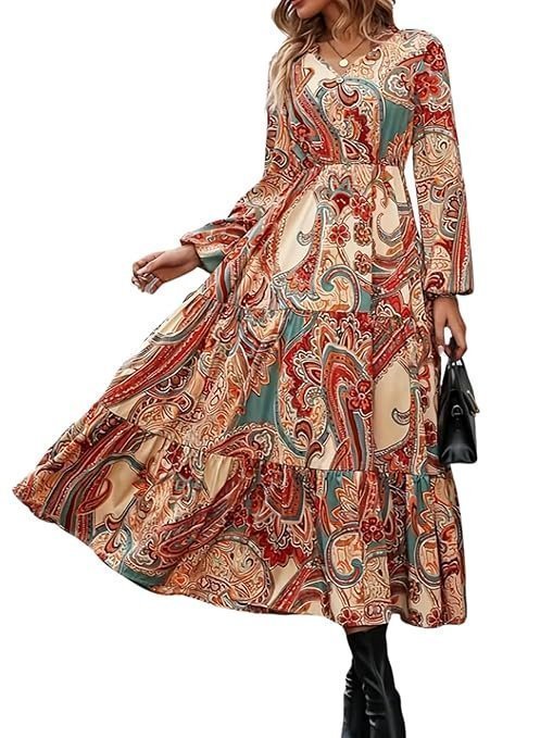 r1-1-2.jpg Women's Printed Boho Maxi Dress | Long Flared Style with Full or Puff Sleeves | Ethnic Pattern Gown for Festive, Holiday & Everyday Wear - Image 1