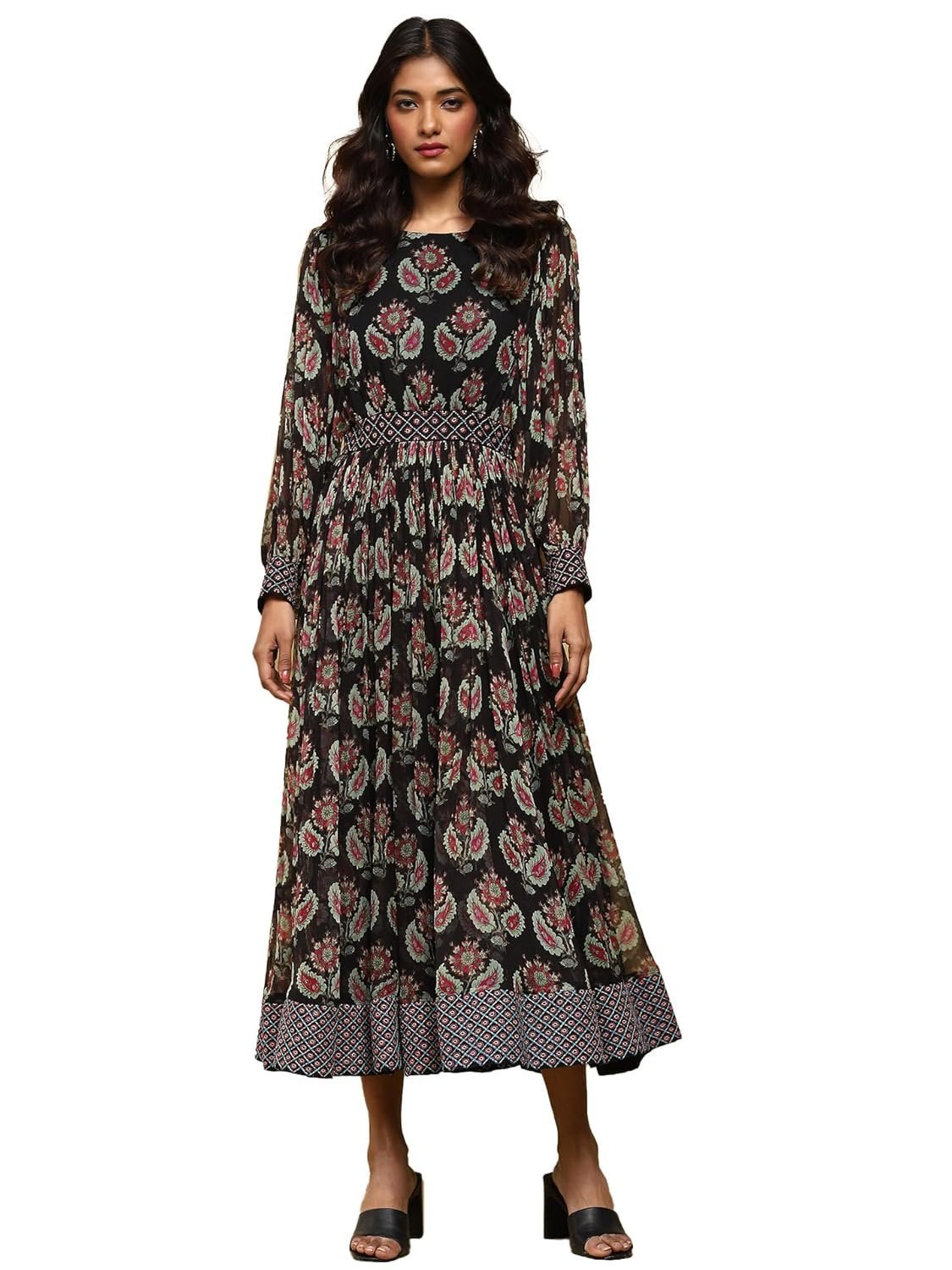 ritu-kumar-black-botanic-print-long-dress-1.jpg Women's Black Botanic Print Long Dress - Image 1