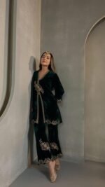 Women's Unstitched Velvet Suit with Heavy Hand Embroidery Traditional Ethnic Winter Wear Salwar Kameez Fabric Set - Image 2