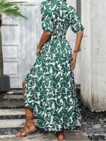 Women's V-Neck Slit Maxi Dress Printed Boho Style, Short Sleeve, Tie Waist, Summer Casual Outfit - Image 4