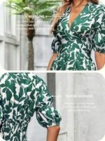 Women's V-Neck Slit Maxi Dress Printed Boho Style, Short Sleeve, Tie Waist, Summer Casual Outfit - Image 3
