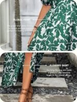 Women's V-Neck Slit Maxi Dress Printed Boho Style, Short Sleeve, Tie Waist, Summer Casual Outfit - Image 2