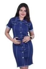 Women's Denim A-Line Mini Dress Button Down Short Sleeve Casual Summer Shirt Dress
