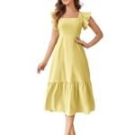 Women's Solid Color Square Neck, Ruffle-Trimmed Hem Sleeveless, Ruffle Armhole and Casual Dress with Cinched Waist Vacation Outfits Woman (Dress 162)