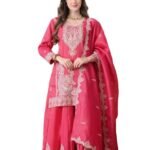 Readymade Hot Pink Tissue Silk Embroidered Kurta Set for Women | 3-Piece Pakistani Indian Traditional Ethnic Wear Sharara Suit with Dupatta | Designer Latest Collection