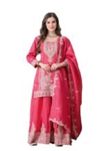 Readymade Hot Pink Tissue Silk Embroidered Kurta Set for Women | 3-Piece Pakistani Indian Traditional Ethnic Wear Sharara Suit with Dupatta | Designer Latest Collection