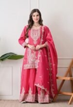 Readymade Hot Pink Tissue Silk Embroidered Kurta Set for Women | 3-Piece Pakistani Indian Traditional Ethnic Wear Sharara Suit with Dupatta | Designer Latest Collection - Image 2