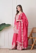 Readymade Hot Pink Tissue Silk Embroidered Kurta Set for Women | 3-Piece Pakistani Indian Traditional Ethnic Wear Sharara Suit with Dupatta | Designer Latest Collection - Image 3