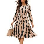 Women?s A-Line Midi Dress | Long Sleeve Belted Fit and Flare Gown | Elegant Printed Casual Outfit